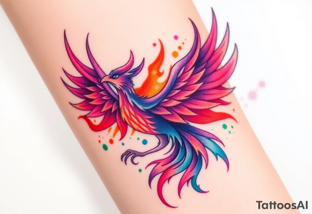 Phoenix engulfed in roaring flames with purple, orange, teal and green splashes tattoo idea