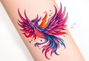 Phoenix engulfed in roaring flames with purple, orange, teal and green splashes tattoo idea