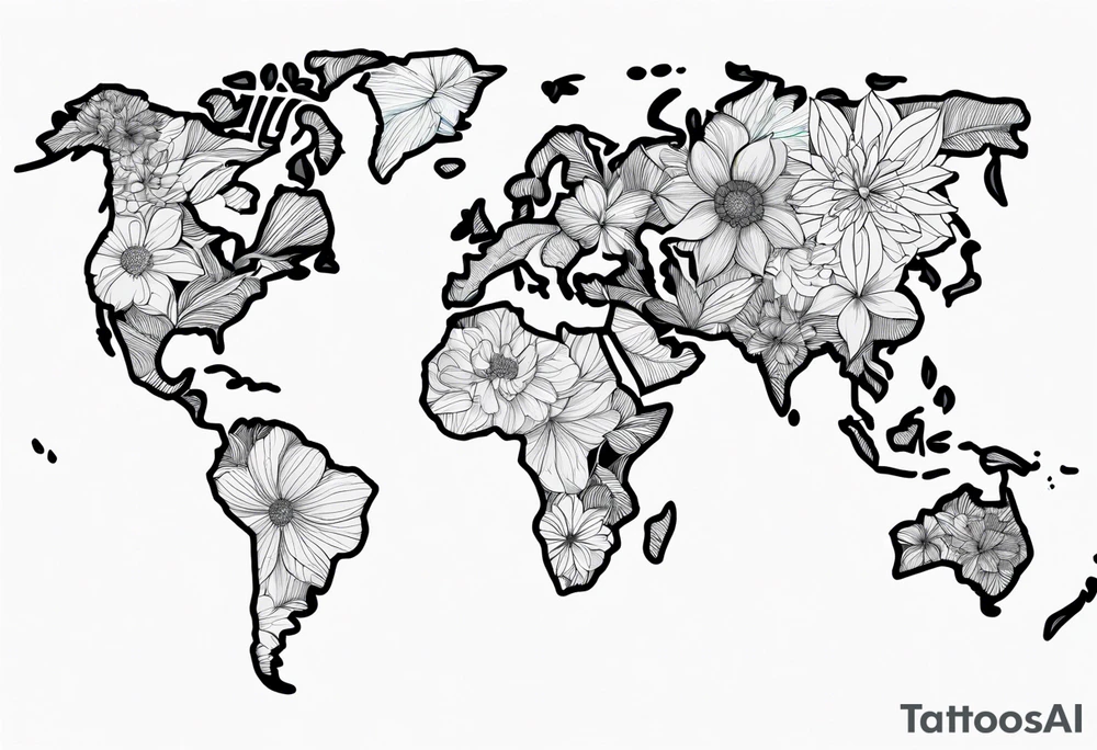 World map with floral design tattoo idea