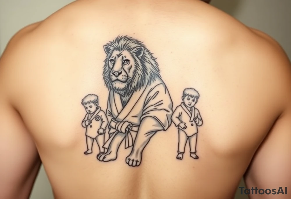 Lion in the Serengeti wearing a Brazilian hi jitsu gi as a person would along side his two sons tattoo idea