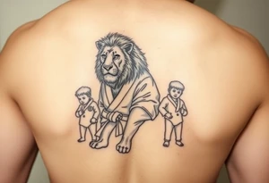 Lion in the Serengeti wearing a Brazilian hi jitsu gi as a person would along side his two sons tattoo idea