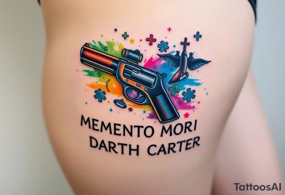 colorful futuristic memory tattoo for passed boyfriend;, star wars, Harley Davidson, skateboarding, puzzle pieces, video games, heaven, god, outdoors, beretta 9mm gun, disc golf, words MEMENTO MORI & DARTH CARTER tattoo idea