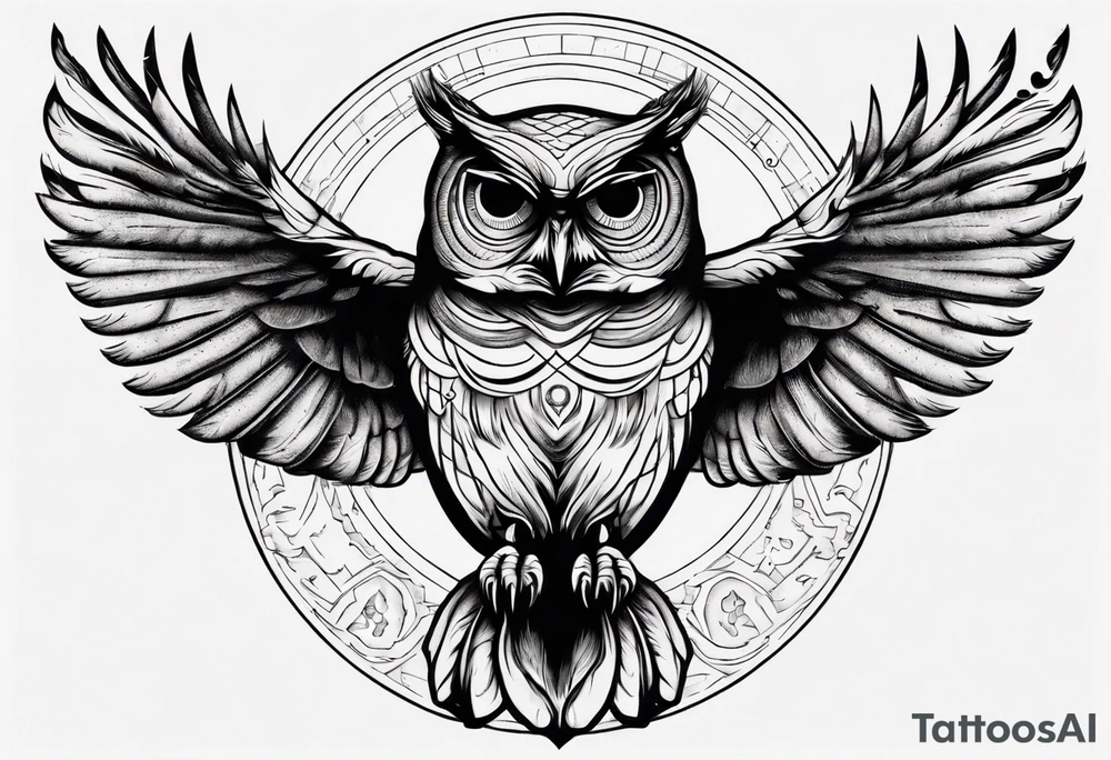 Wise Owl with the third eye flying towards the Dark Moon. tattoo idea