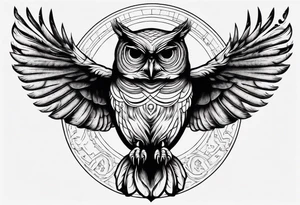 Wise Owl with the third eye flying towards the Dark Moon. tattoo idea