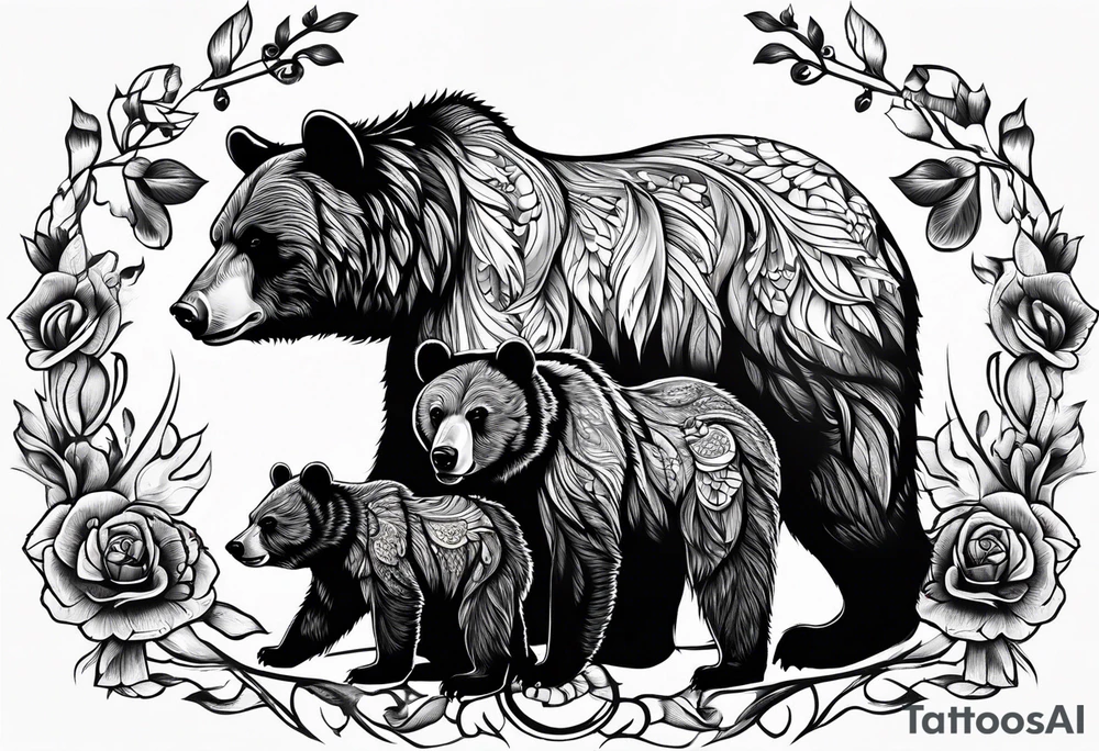momma bear with 3 cubs tattoo idea