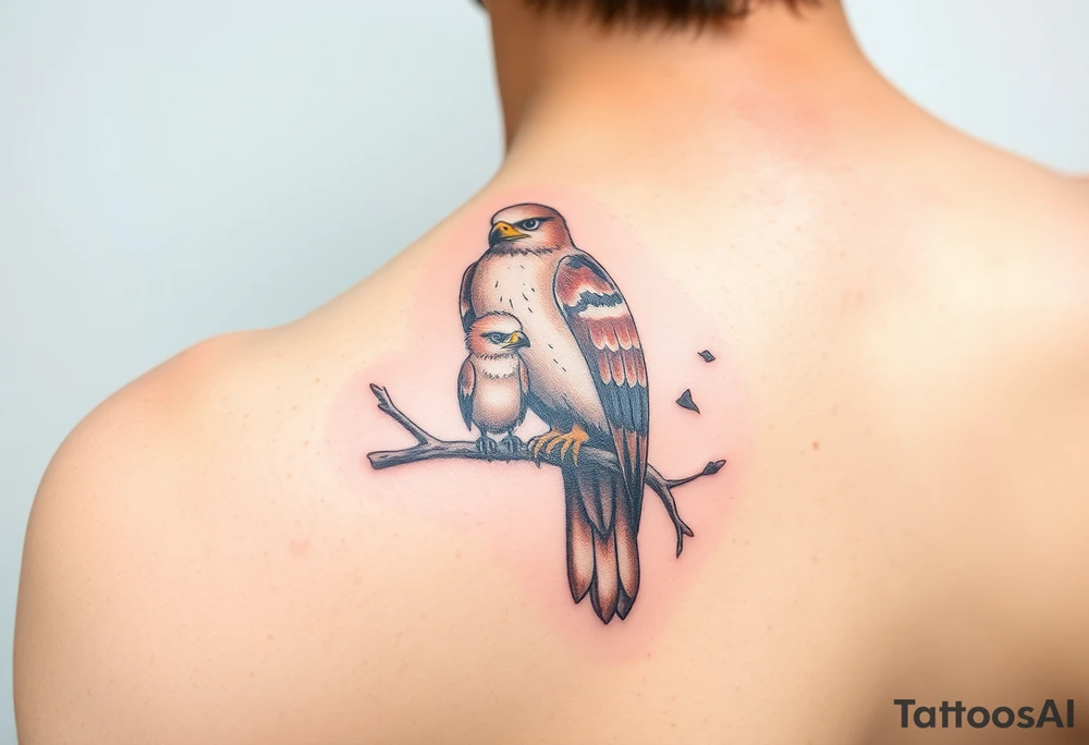 A mother and baby eagle perched on a branch, with soft watercolor strokes in natural colors tattoo idea