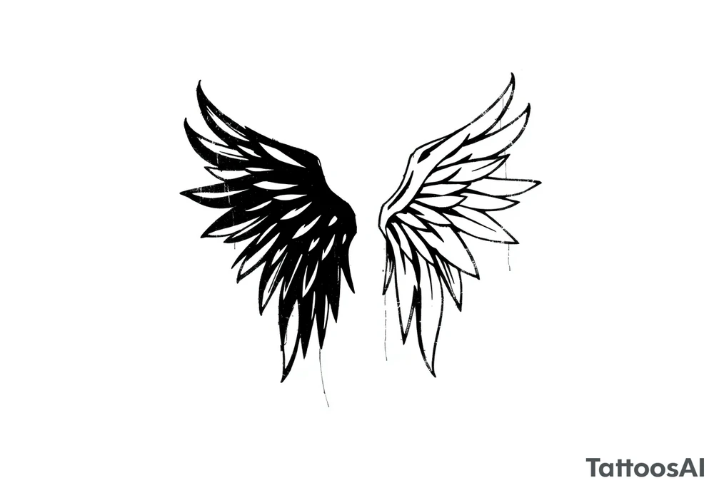 This tattoo design features a pair of asymmetrical angel wings drawn in black ink with a rough, sketch-like style. The left wing is darker, more defined, and appears denser, while the right wing is lighter, more delicate, and fragmented, creating a contrast between the two. The feathers are sharp and irregular, with fine lines and stray strokes extending outward, adding a raw and artistic feel. The overall look is dynamic and slightly chaotic, giving the impression of movement or an unfinished, ethereal form. This design symbolizes duality, freedom, transformation, or even struggle, making it a meaningful and visually striking tattoo. tattoo idea