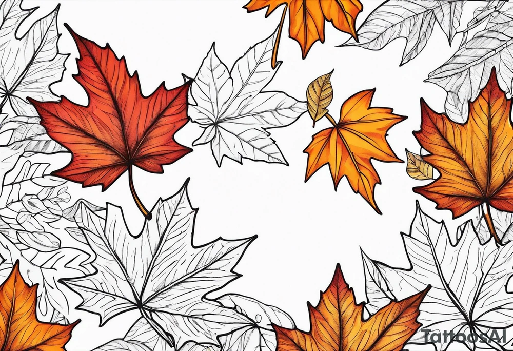 Red gold and orange autumn leaves falling in wind tattoo idea