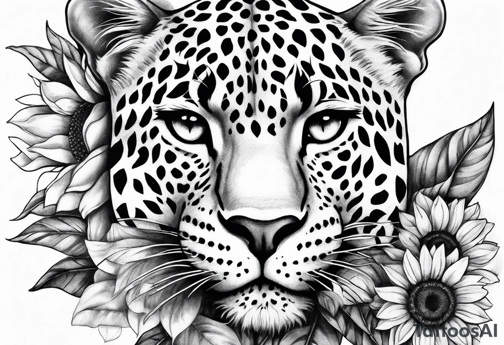 Leopard print thigh tattoo with sunflowers tattoo idea