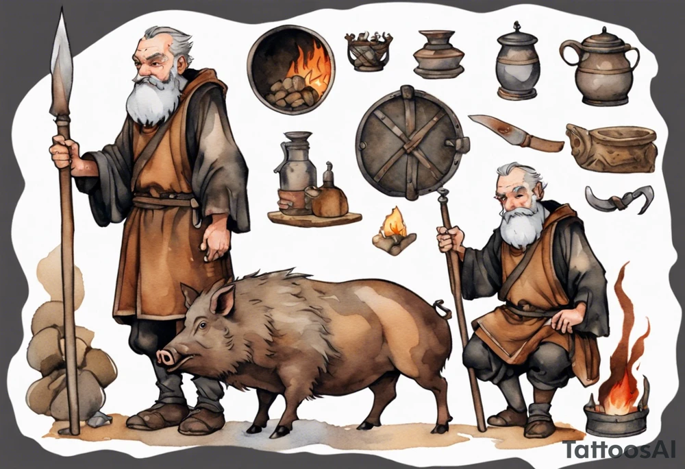 a 55-year-old medieval Bavarian man with a grey beard and broad shoulders wearing a brown and black tunic standing next to a boar by a fire tattoo idea