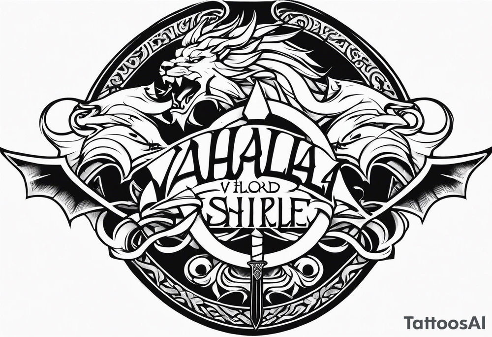 Valhalla sword shield dragon lion tattoo idea