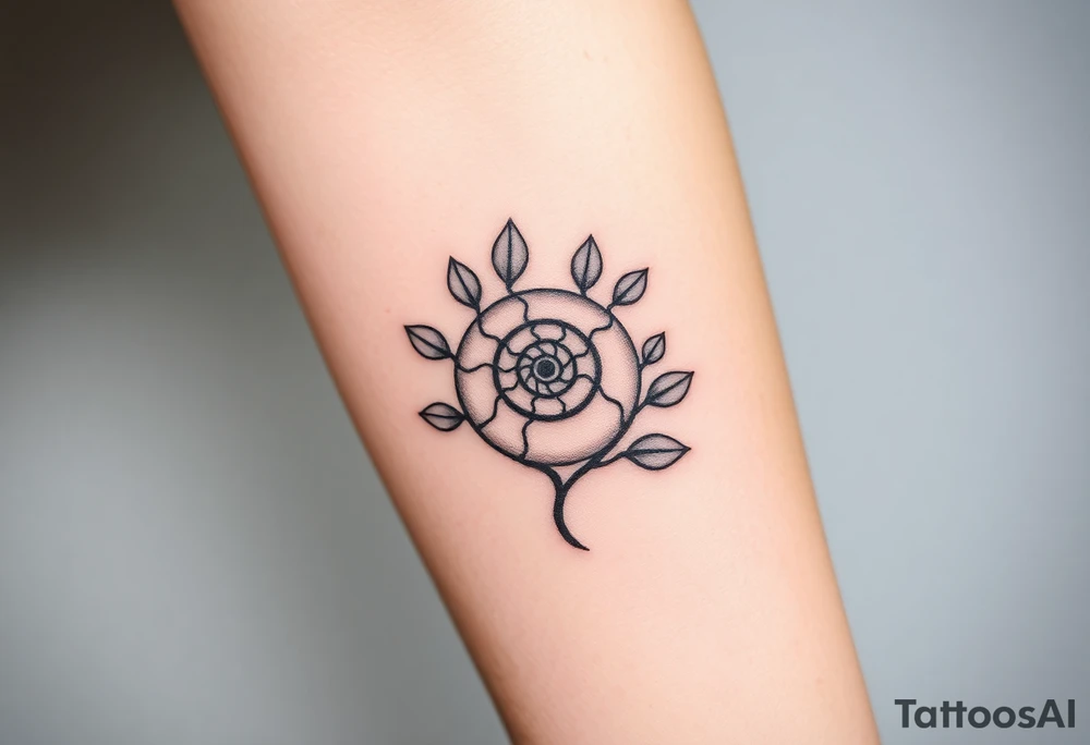 Fibonacci spiral shell inside of tree of leaves tattoo idea
