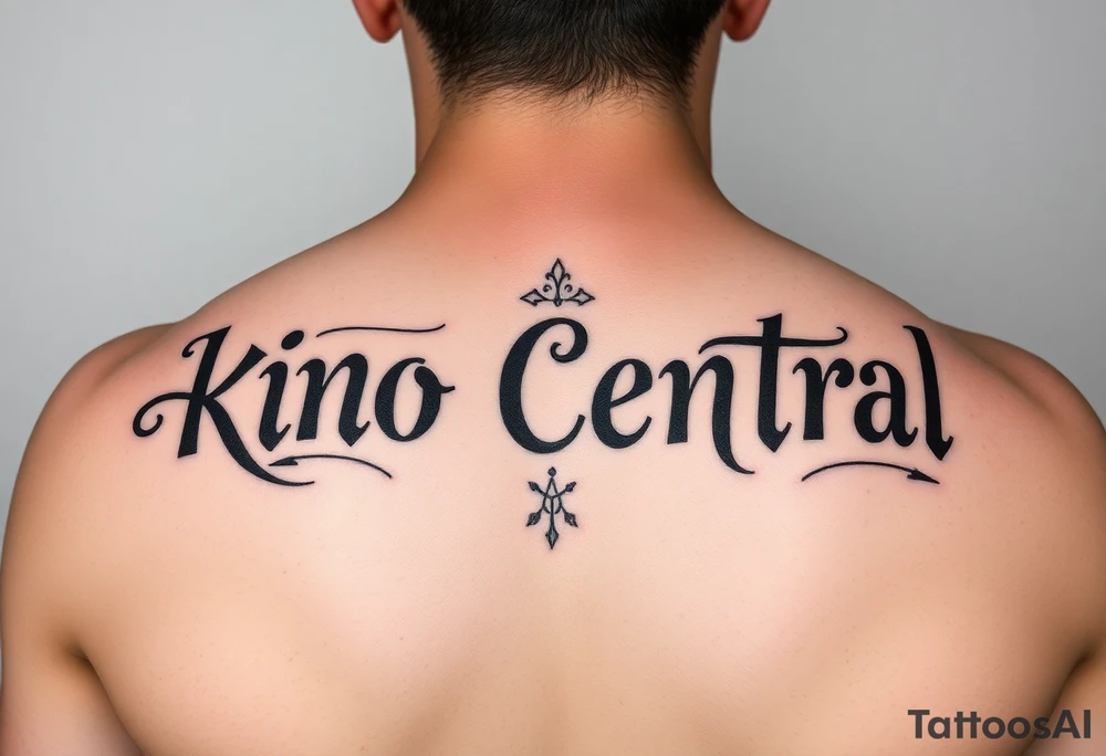 Forearm tattoo with the words kino central tattoo idea