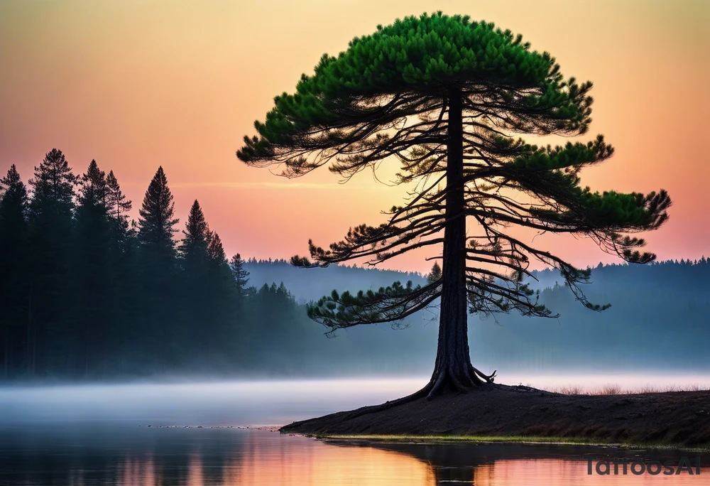 A majestic pine tree standing tall in a serene forest, with vibrant green needles covering only one side of the tree. The other side is stark and bare, with branches exposed and no leaves. The scene is bathed in soft, early morning light, creating a contrast between the lush side and the barren side of the tree. The forest background is dense and green, emphasizing the unique appearance of the pine tree. --v 5 --ar 16:9 --q 2 tattoo idea