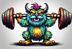 Strong old fuzzy monster lifting dumbells tattoo idea