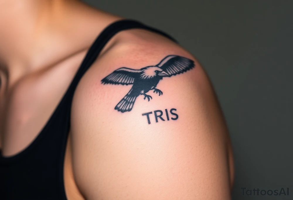 A detailed raven in mid-flight, wings spread wide with intricate feather patterns, symbolizing Tris’s journey, representing sci fi movie Divergent and name TRIS tattoo idea