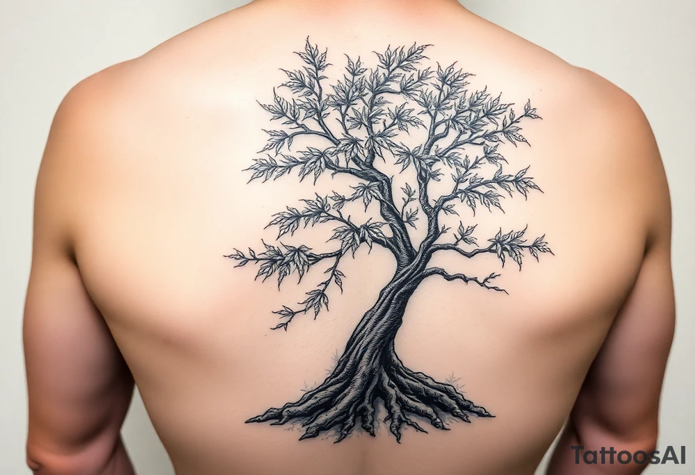 japanese maple tree as a side tattoo that goes into a chest piece and a left arm sleeve with the roots being below the waste line tattoo idea
