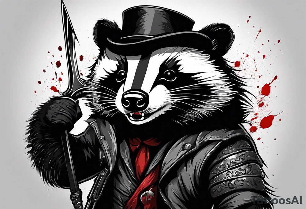 Draw me psychopath Badger/Warrior with aggressive full body, killer face with a smile, very long nails and he attacks like a Bloody Assassin to us and also, he has very deadly looking. He fights with his nails. Everybody scares after their first sight. Give me horror type Badger Tattoo. I want to see his Realistic full body. tattoo idea