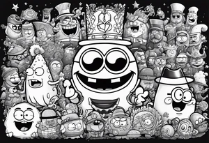 Black and white cartoon of SpongeBob SquarePants and the South Park characters tattoo idea