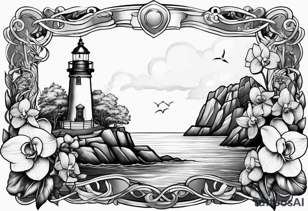 Lighthouse and an anchor and orchids tattoo idea