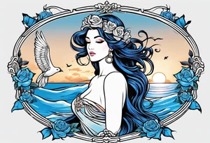 Aphrodite is the goddess of love, with a seaside background, surrounded by birds.. blue roses frames, background blue,present it in a tattoo, black hair, love motives tattoo idea