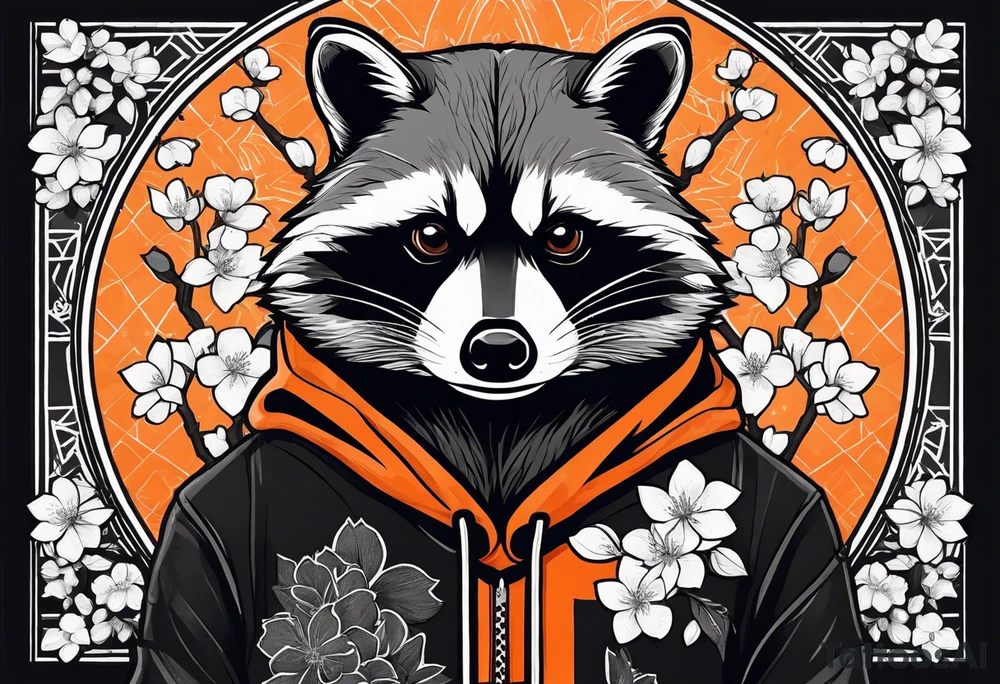 Raccoon wearing a white Superman logo on a black hoodie and orange Japanese cherry blossoms tattoo idea