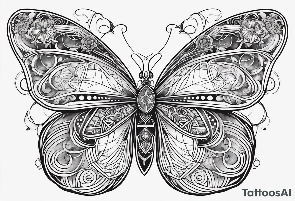 Black and white outline of sacred geometric shapes including fading flower of life into butterfly tattoo idea