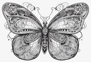 Black and white outline of sacred geometric shapes including fading flower of life into butterfly tattoo idea