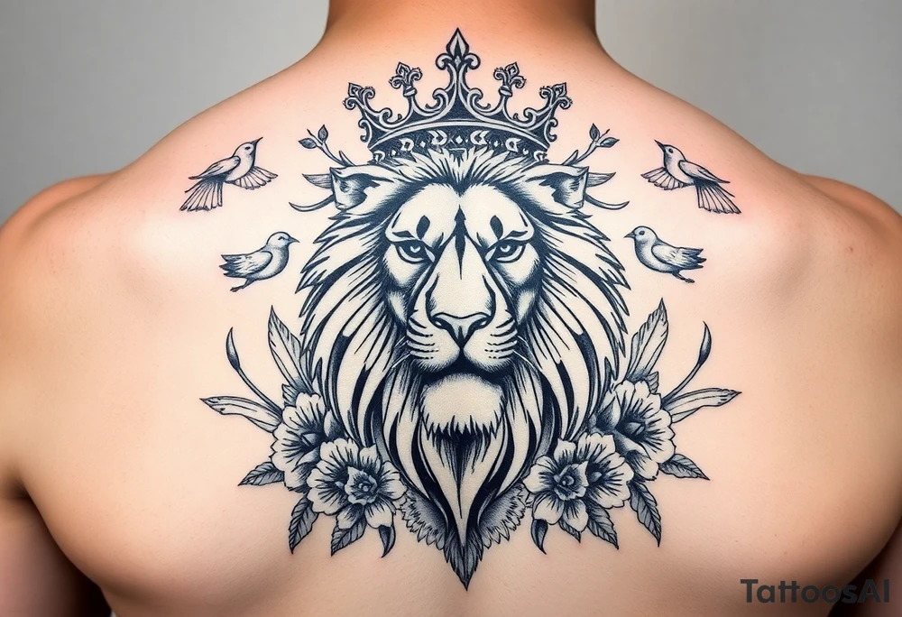 powerful majestic lion with a crown, surrounded by floral ornaments and birds tattoo idea