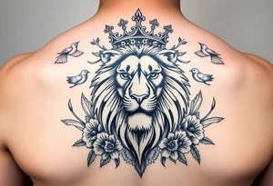 powerful majestic lion with a crown, surrounded by floral ornaments and birds tattoo idea