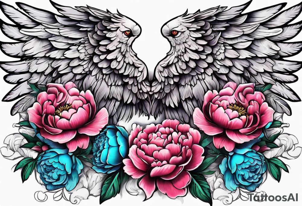 beautiful angel wings with floral peonies, roses, neon, brightly colored. highly detailed, tattoo idea