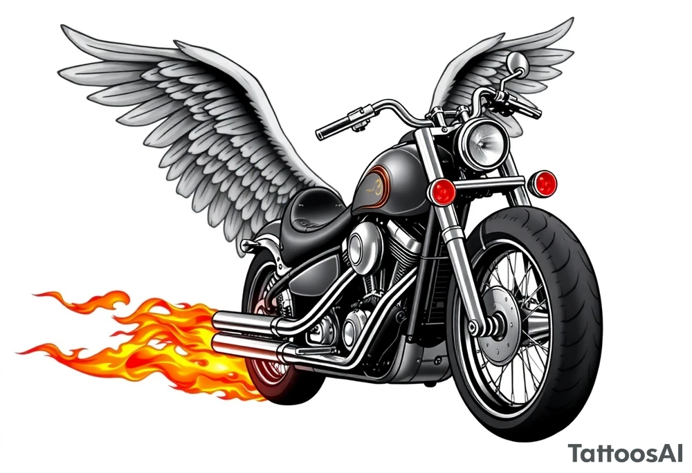 Low rider grey motorcycle, big muffler pipes with flames, angel wings, driving away, no person tattoo idea
