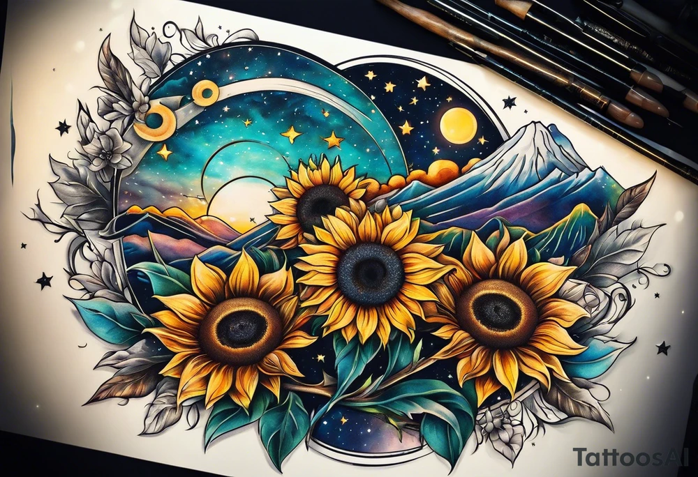 elegant tattoo with sunflower surrounded by cosmic stars and arrow tattoo idea