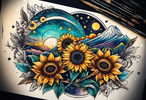 elegant tattoo with sunflower surrounded by cosmic stars and arrow tattoo idea
