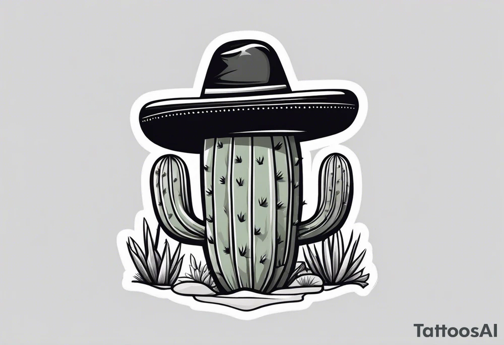 Cactus wearing a sombrero black and grey tattoo idea