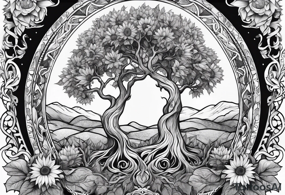 Feminine Yggdrasil tree with sunflowers tattoo idea