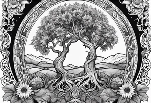Feminine Yggdrasil tree with sunflowers tattoo idea
