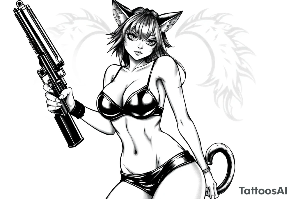 naked catgirl, slut, anime, holding gun, black, leather bikini, angry tattoo idea
