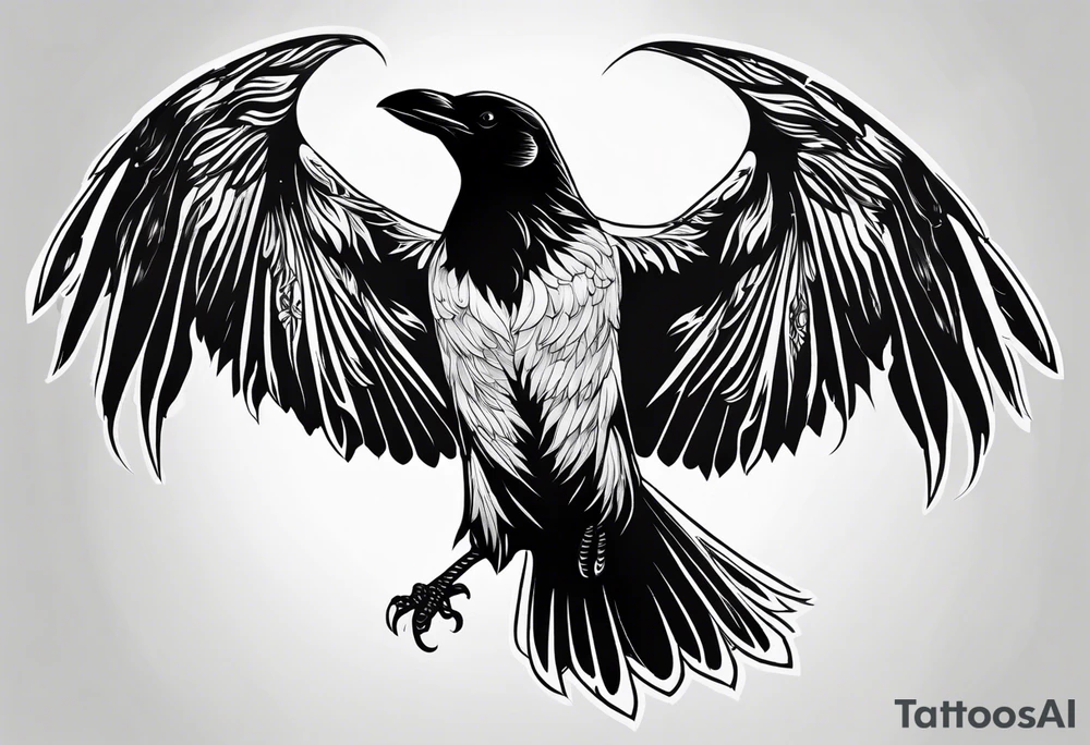 outline drawing of a flying raven with wings on fire tattoo idea