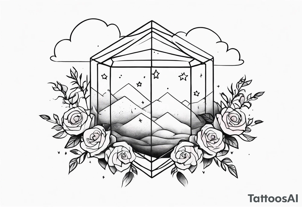 Tesseract with clouds and a field of small roses and stars around it tattoo idea