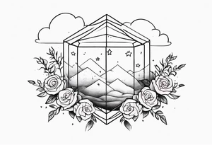 Tesseract with clouds and a field of small roses and stars around it tattoo idea
