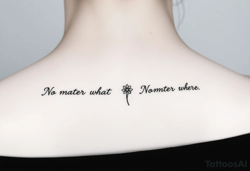 A delicate cursive tattoo with the quote ‘No matter what’ (for one person) and ‘No matter where’ (for the other), placed along the collarbone. At the end of each quote, incorporate a soft, feminine flower design — such as a small lotus, daisy, or wildflower — that flows naturally from the end of the text, as if the flower is part of the lettering or subtly blooming from the last word.
Design should feel light, elegant, and symbolic of connection and unconditional love between mother and daughter. Style should be fine line or single-needle, black ink only, minimalistic and graceful. tattoo idea