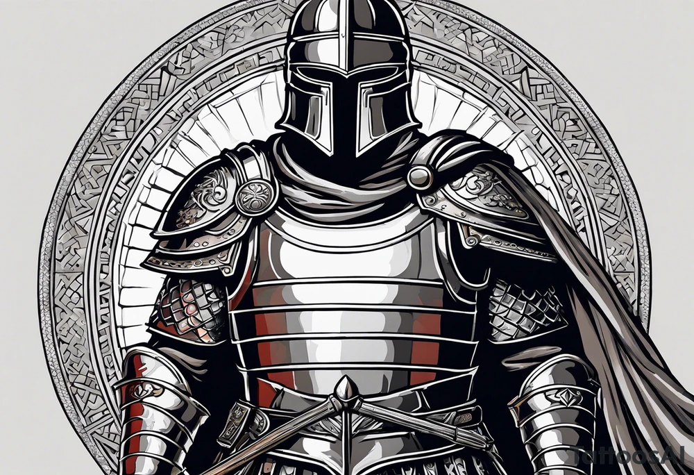 a roman soldier from AD 60, wearing armor which must include an armoured belt, breastplate, armoured shoes, shield, helmet and sword.
the soldier must look strong. the soldier is faceless. The image must include the full person, not just the top half tattoo idea