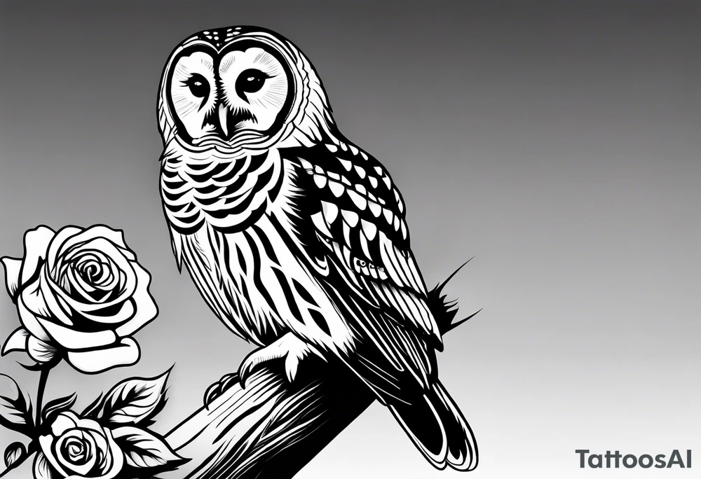 Barred owl with a single rose tattoo idea