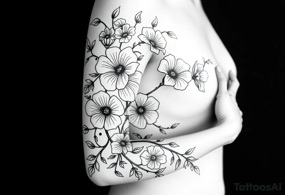 Art nouveau style flowering cosmic morning glory vine tattoo idea