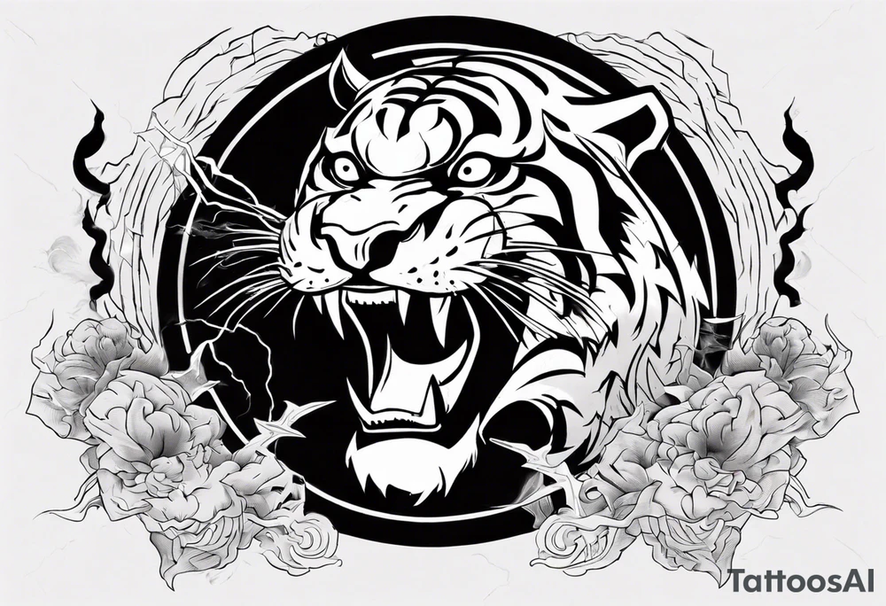 Ancient tiger with lightning and a sun for a forearm sleeve. With patterns surrounding it tattoo idea