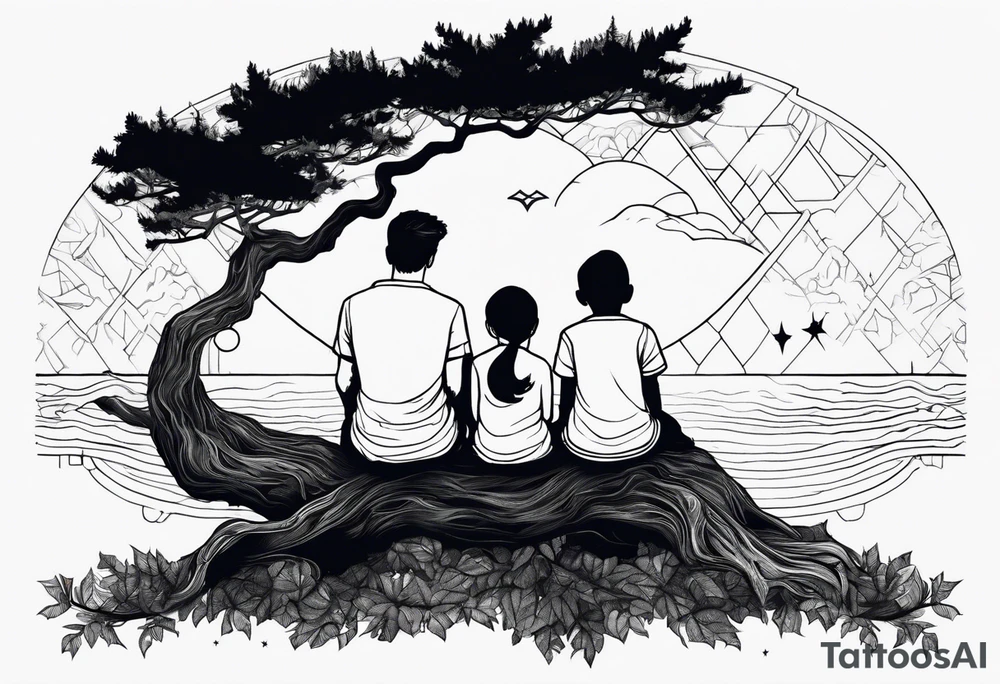Two siblings watching a starfall by the sea. They are sitting on a tree branch in the woods and having an angel by There side tattoo idea