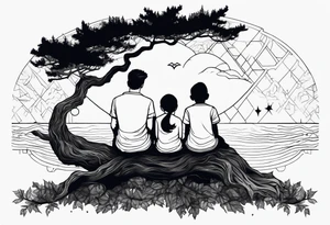 Two siblings watching a starfall by the sea. They are sitting on a tree branch in the woods and having an angel by There side tattoo idea