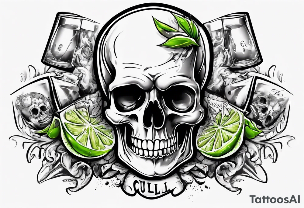 A smiling looking to the left scull inside the glass with alcohol and piece of lime tattoo idea