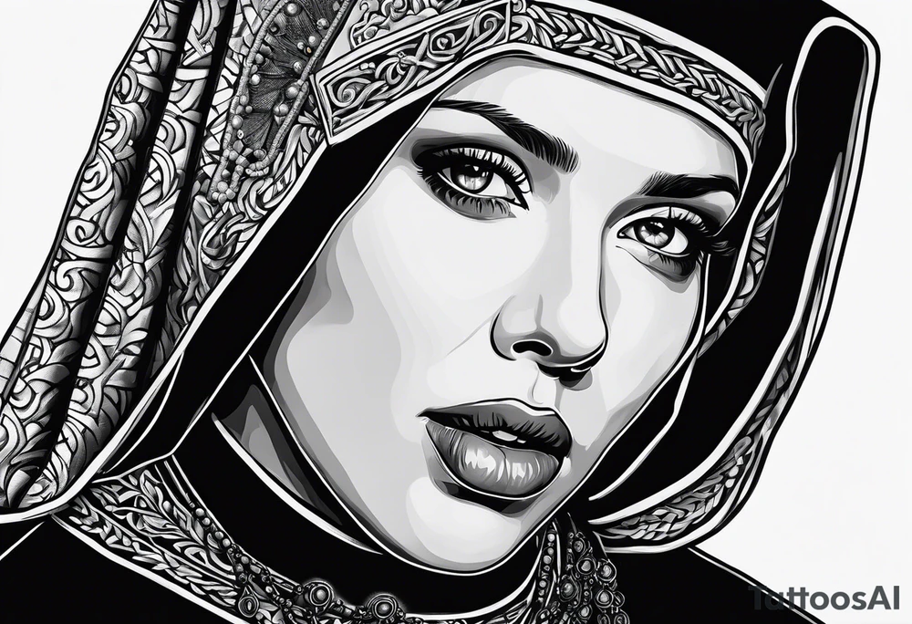 Scarlett Johansson as a nun with hand holding rosary tattoo idea